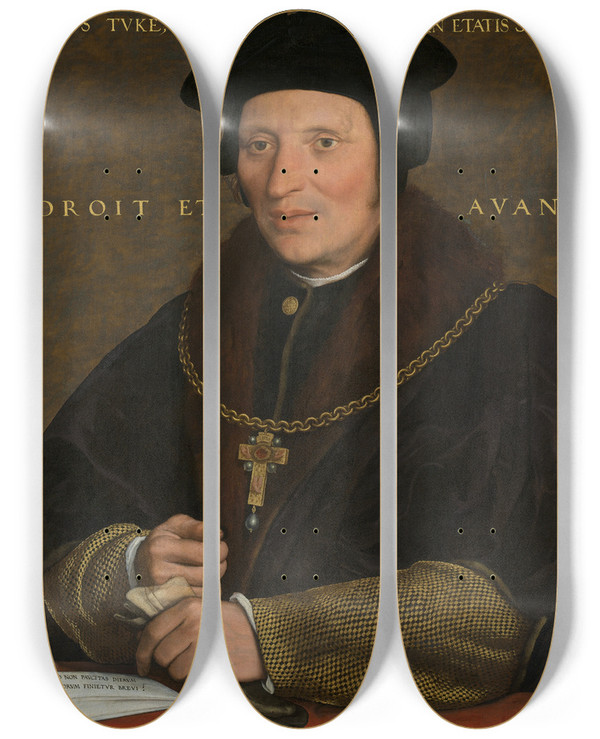 Triptych art skateboard deck of Hans Holbein The Younger Sir Brian Tuke by Hans Holbein The Younger (1497-1543)