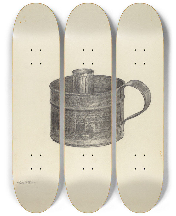 Triptych art skateboard deck of Alfred Goldstein Wetting Cup by Alfred Goldstein