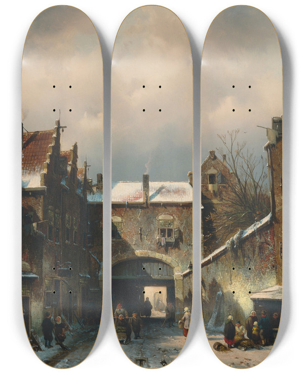 Triptych art skateboard deck of Charles Leickert A Village Street Scene In Winter by Charles Leickert (1816-1907)
