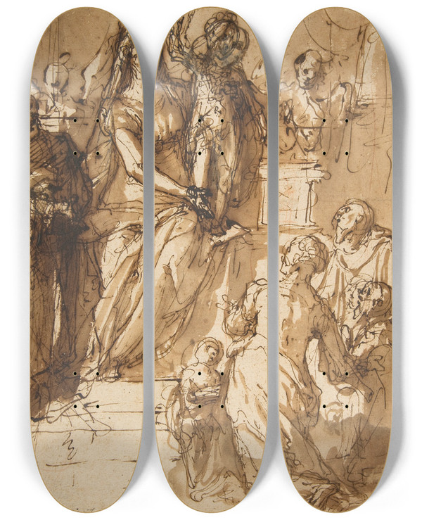 Triptych art skateboard deck of Federico Zuccaro The Virgin And Child With Saint Joseph Attendant Angels And A Group Of Supplicants by Federico Zuccaro (1542-1609)