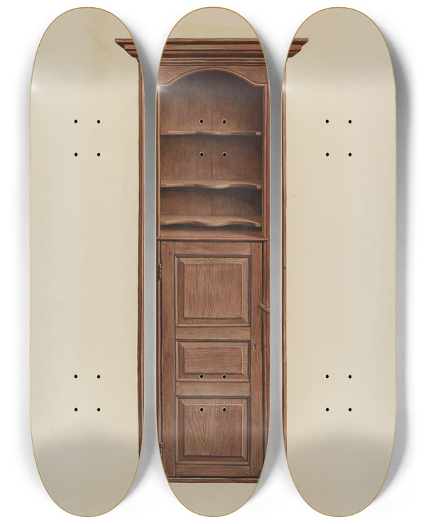 Triptych art skateboard deck of Leslie Macklem Cupboard by Leslie Macklem