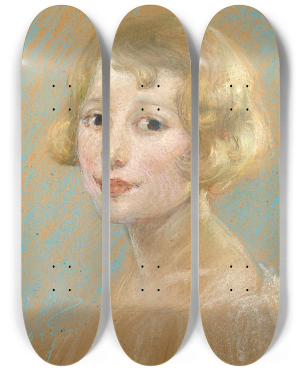 Triptych art skateboard deck of Alice Pike Barney Blonde Girl by Alice Pike Barney (1857-1931)