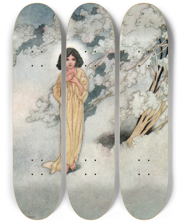 Triptych art skateboard deck of Charles Robinson The Little Boy He Had Loved by Charles Robinson (1870-1937)