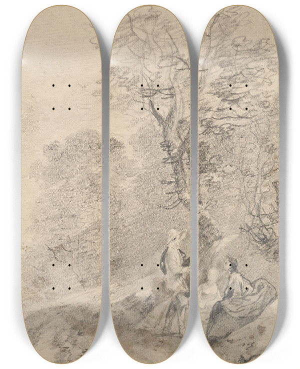 Triptych art skateboard deck of Thomas Gainsborough Wooded Landscape With Group Of Figures by Thomas Gainsborough (1727-1788)