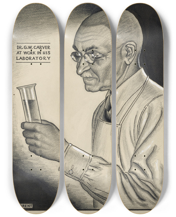 Triptych art skateboard deck of Richard Brent Dr Gw Carver At Work In His Laboratory by Richard Brent (20-)