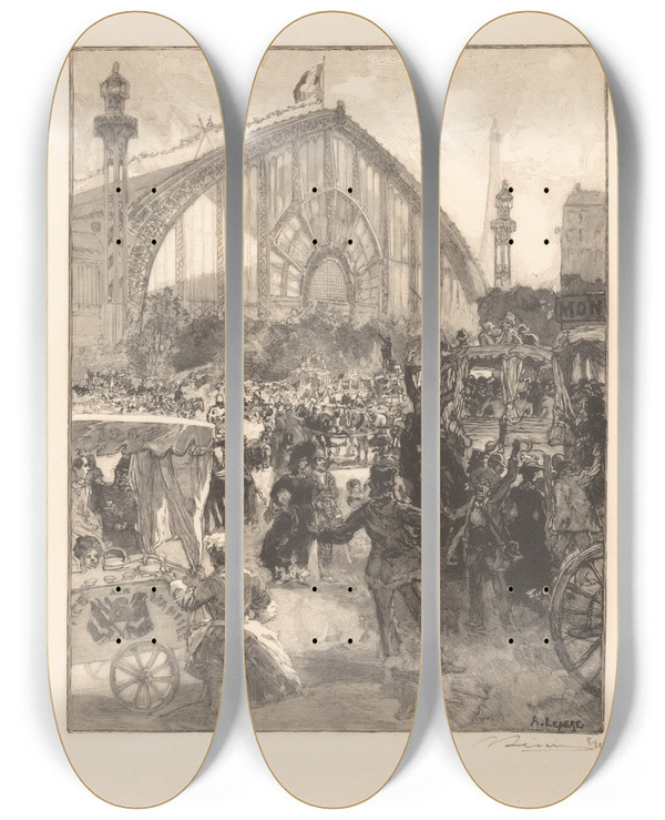 Triptych art skateboard deck of Auguste Louis Lepre Le Palais De Machines by Auguste Louis Lepere (1849-1918)