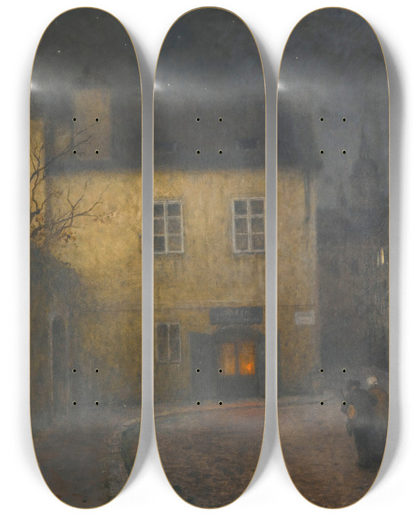 Triptych art skateboard deck of Jakub Schikaneder A Street Corner In Prague by Jakub Schikaneder (1835-1924)