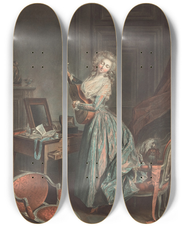 Triptych art skateboard deck of Jean Franois Janinet A Woman Playing The Guitar by Jean Francois Janinet (1752-1814)