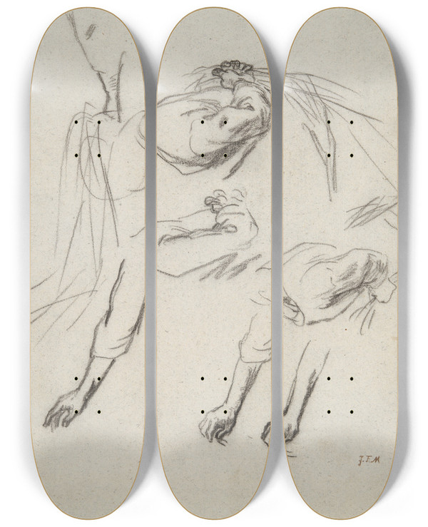 Triptych art skateboard deck of Jeanfranois Millet Study For Thegleaners by Jean-Franois Millet (1814-1875)