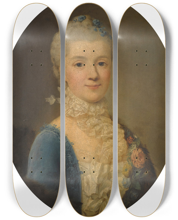 Triptych art skateboard deck of Giuseppe Baldrighi Portrait Of A Lady Wearing A Blue Dress And Lace Collar by Giuseppe Baldrighi (1723-1803)