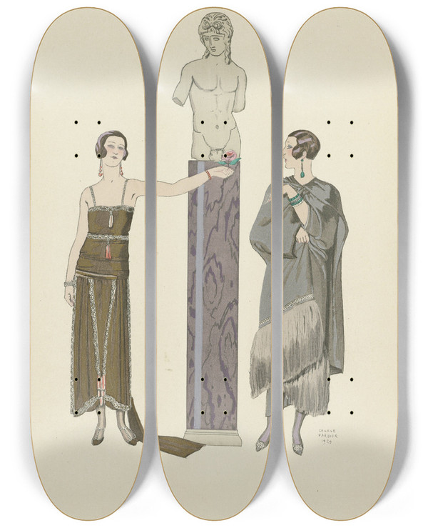 Triptych art skateboard deck of George Barbier Eros Robe Et Manteau Pour Le Soir De Worth by George Barbier (1882-1932)