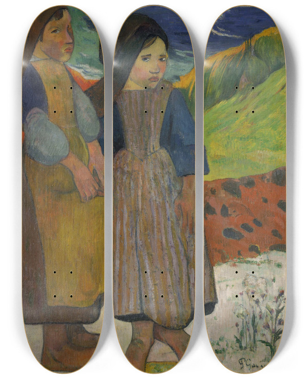 Triptych art skateboard deck of Paul Gauguin Two Breton Girls By The Sea by Paul Gauguin (1848-1903)