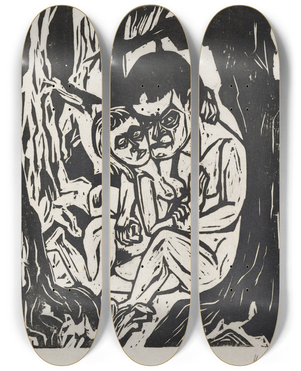 Triptych art skateboard deck of Hermann Scherer Paar Im Wald by Hermann Scherer (1893-1927)