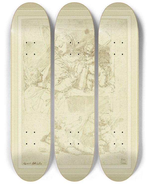 Triptych art skateboard deck of Donato Creti Maria Mit Dem Jesuskind Und Dem Johannesknaben Darunter Lagernder Knabe Mit Putto by Donato Creti (1671-1749)