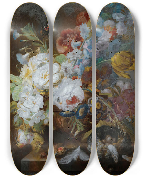 Triptych art skateboard deck of George Frederik Ziesel Still Life With Flowers_1 by George Frederik Ziesel (1756-1809)