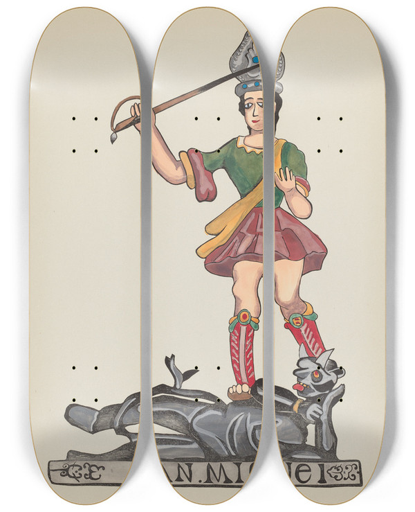 Triptych art skateboard deck of American 20Th Century Plate 38 Saint Michael From Portfolio Spanish Colonial Designs Of New Mexico_2 by American 20Th Century