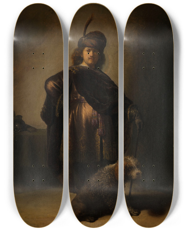 Triptych art skateboard deck of Rembrandt Van Rijn Portrait Of The Artist In Oriental Costume by Rembrandt Van Rijn (1606-1669)