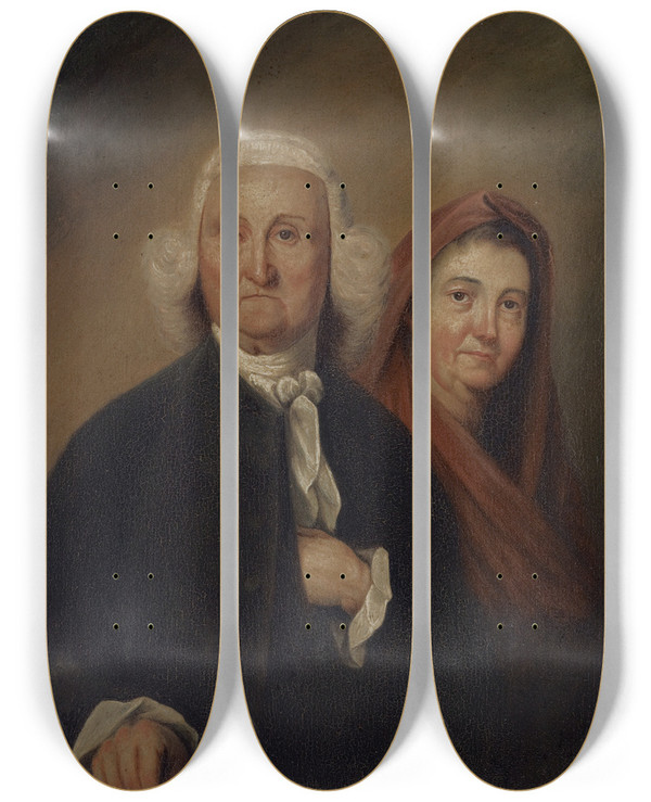 Triptych art skateboard deck of John Trumbull Governor Jonathan Trumbull Sr And Mrs Trumbull Faith Robinson by John Trumbull (1756-1843)