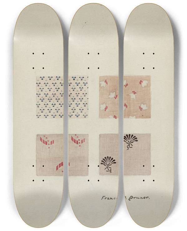 Triptych art skateboard deck of Francis Bruner Printed Textiles by Francis Bruner