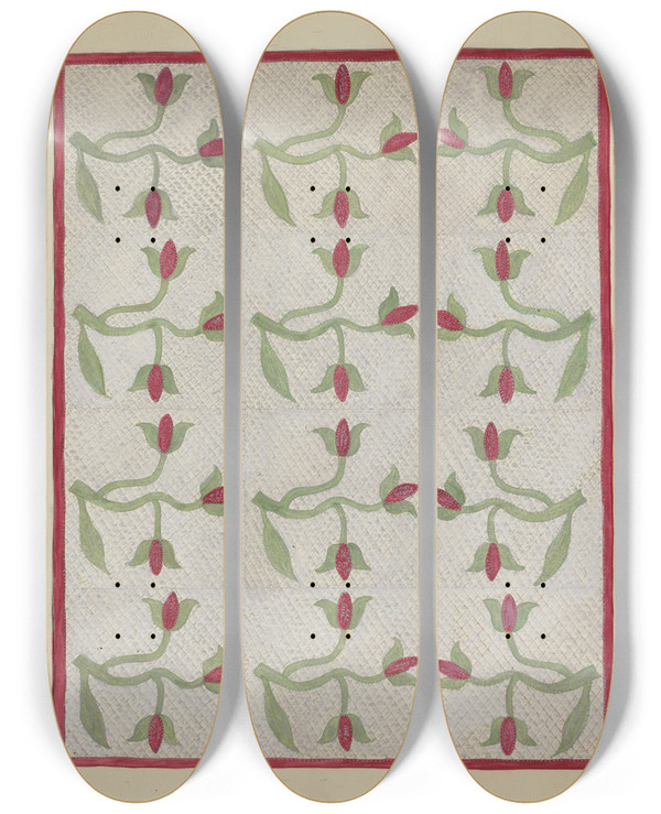 Triptych art skateboard deck of Mabel Ritter Tulip Pattern Quilt by Mabel Ritter