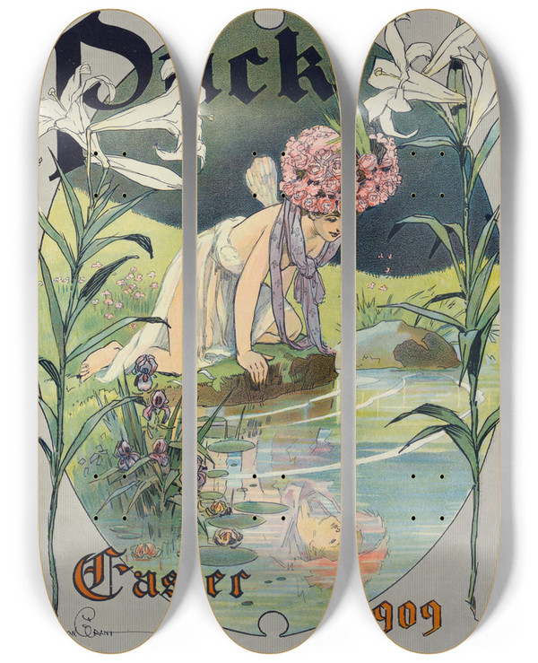 Triptych art skateboard deck of Gordon Grant Puck Easter 1909 Psyche by Gordon Grant (1875-1962)