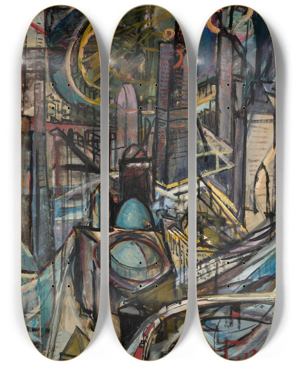 Triptych art skateboard deck of Leon Chwistek Miasto Fabryczne by Leon Chwistek (1884-1944)