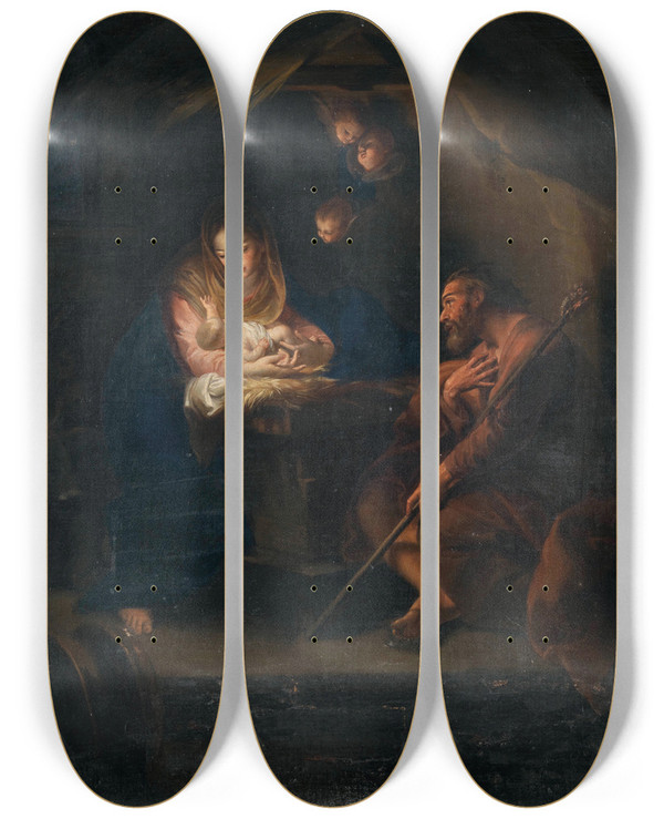 Triptych art skateboard deck of Circle Of Pompeo Batoni The Holy Family by Circle Of Pompeo Batoni (1708-1787)