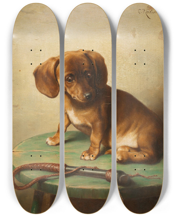 Triptych art skateboard deck of Carl Reichert A Dachshund Puppy by Carl Reichert (1836-1918)