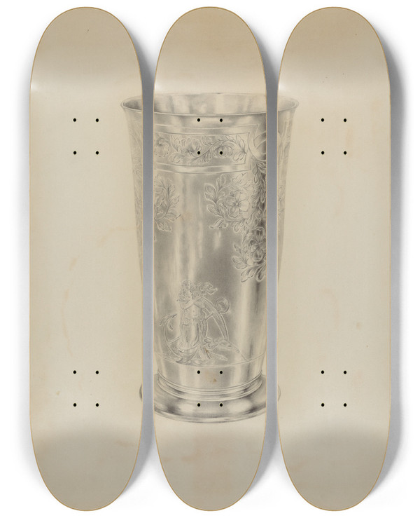 Triptych art skateboard deck of Hester Duany Silver Communion Beaker by Hester Duany (1891-1964)