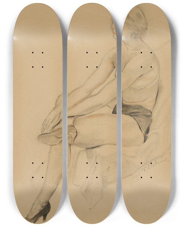Triptych art skateboard deck of Sergey Chekhonin Female Study_3 by Sergey Chekhonin (1878-1936)