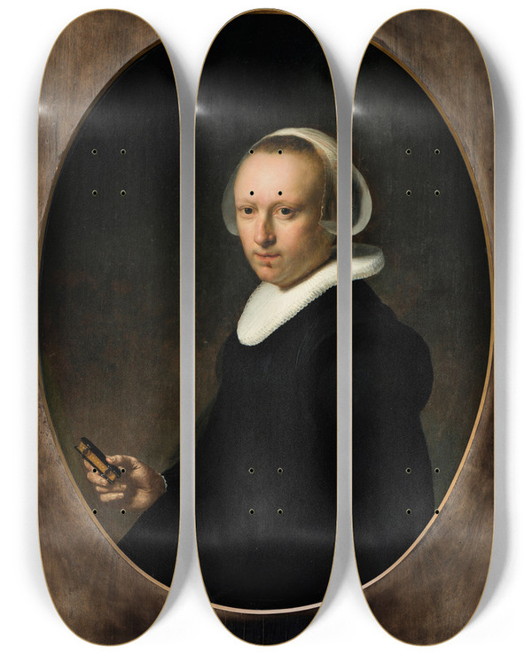 Triptych art skateboard deck of Rembrandt Van Rijn Portrait Of A 39Yearold Woman by Rembrandt Van Rijn (1606-1669)