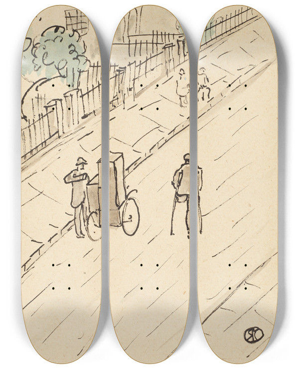 Triptych art skateboard deck of Raymond Mcintyre London Street With Organ Grinder by Raymond Mcintyre (1879-1933)
