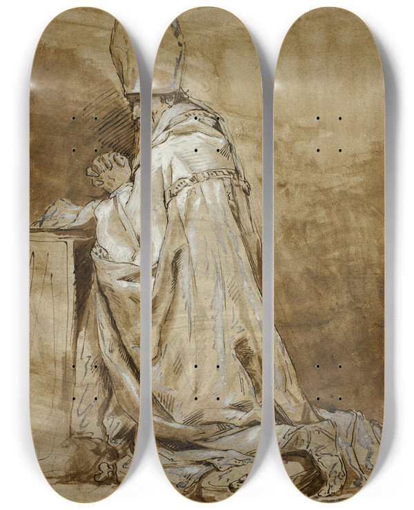 Triptych art skateboard deck of Follower Of Abraham Bloemaert Bishop Kneeling In Prayer by Follower Of Abraham Bloemaert (1566-1651)