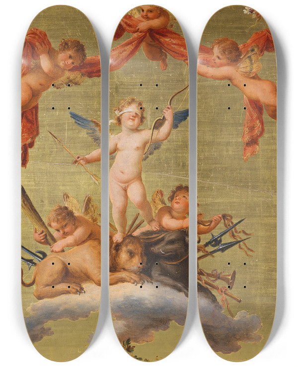 Triptych art skateboard deck of Fedele Fischetti Eros Defeats War Strength And Ferocity by Fedele Fischetti (1732-1792)