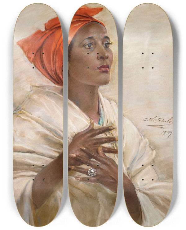 Triptych art skateboard deck of Constantin Westchiloff Woman In A Red Head Tie by Constantin Westchiloff (1877-1945)