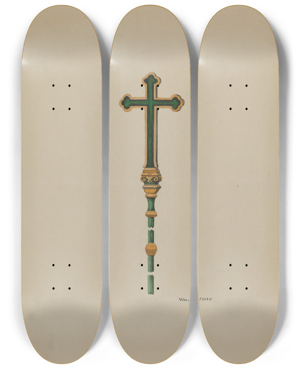 Triptych art skateboard deck of William Hoffman Processional Cross by William Hoffman