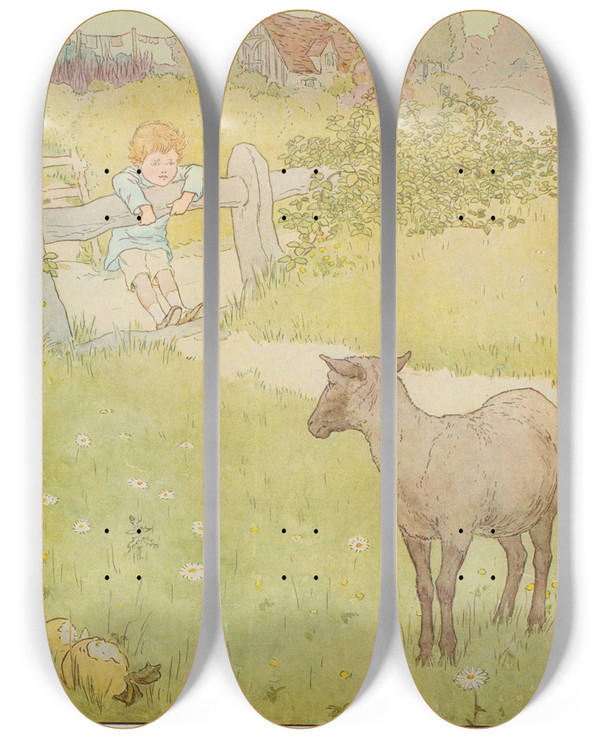 Triptych art skateboard deck of Leonard Leslie Brooke Little Boy And Black Sheep by Leonard Leslie Brooke (1862-1940)