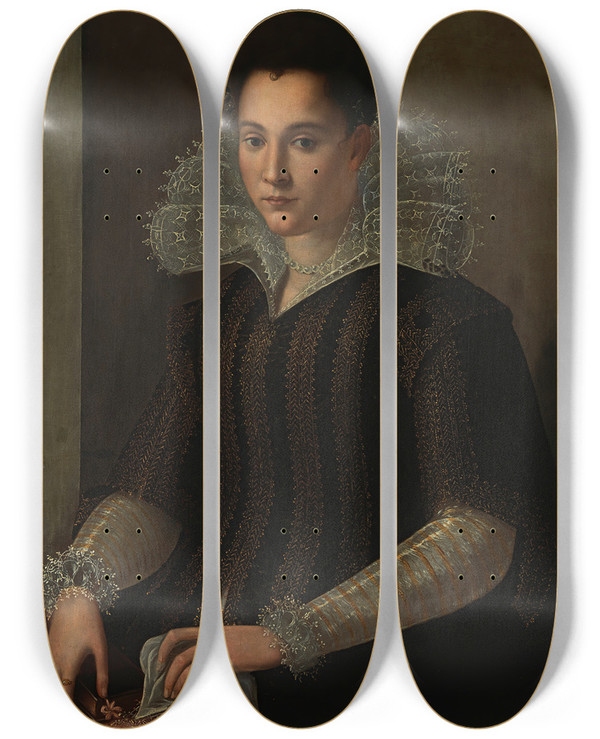 Triptych art skateboard deck of Alessandro Allori Portrait Of A Lady_2 by Alessandro Allori (1535-1607)