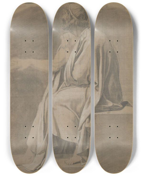 Triptych art skateboard deck of Jacques Louis David Figure Study For The Death Of Socrates by Jacques Louis David (1748-1825)
