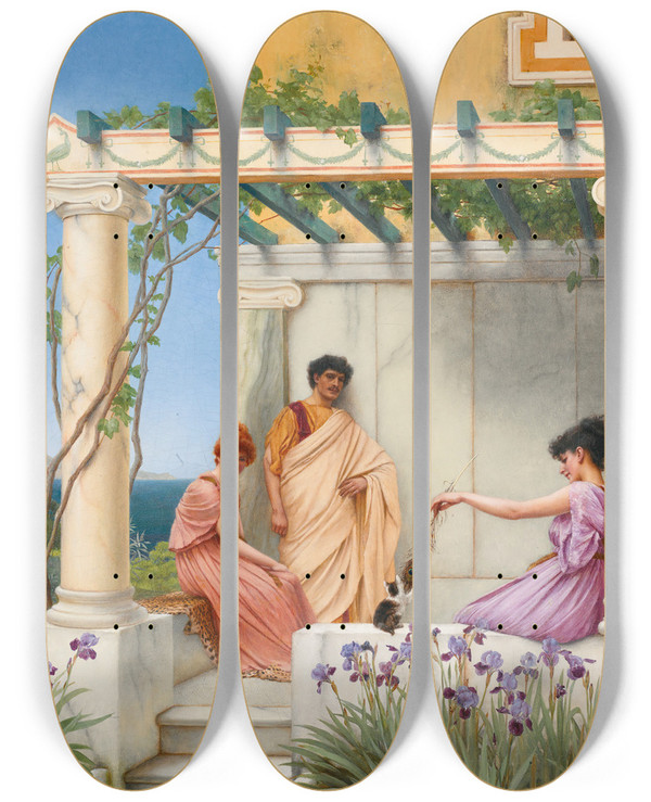 Triptych art skateboard deck of John William Godward Playtime by John William Godward (1861-1922)