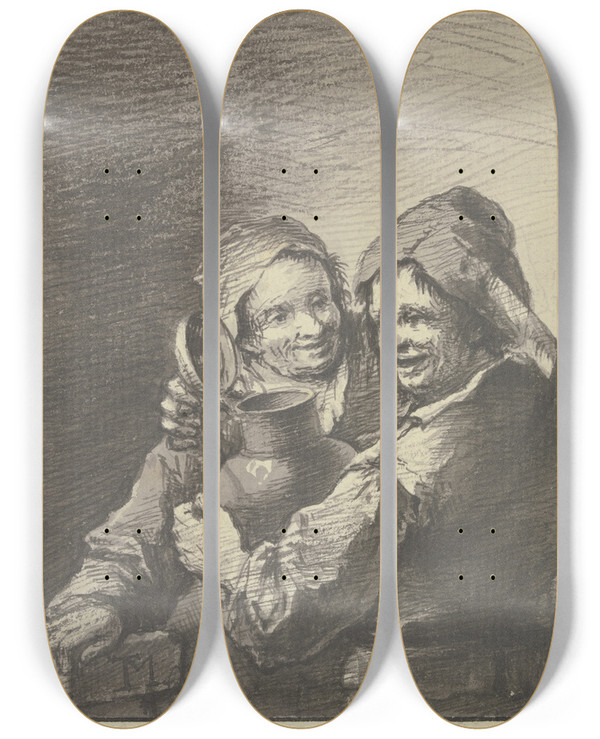 Triptych art skateboard deck of Johann Georg Trautmann Ein Bauer Und Eine Buerin Mit Einem Weinkrug by Johann Georg Trautmann (1713-1769)