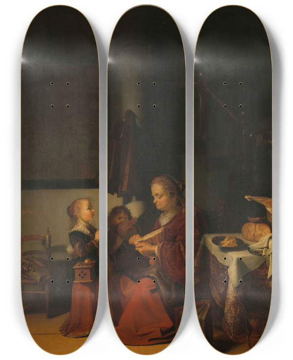 Triptych art skateboard deck of Karel Slabbaert Breakfast by Karel Slabbaert (1619-1654)