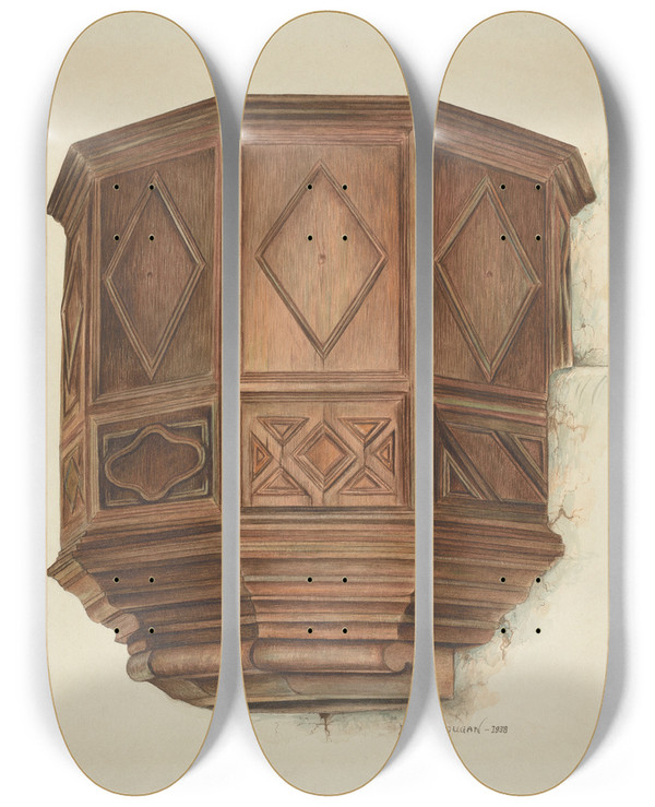 Triptych art skateboard deck of Ethel Dougan Pulpit by Ethel Dougan