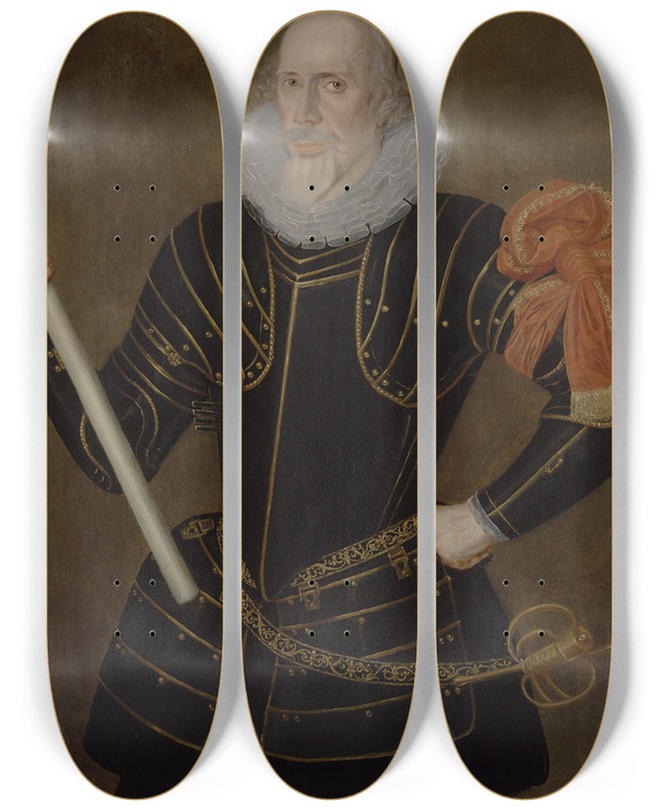 Triptych art skateboard deck of Robert Peake The Elder Portrait Of A Man by Robert Peake The Elder (1546-1619)