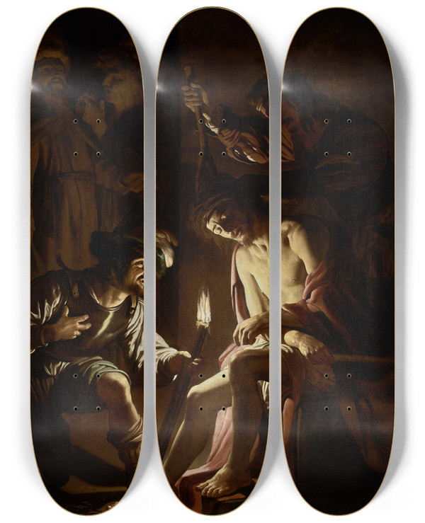 Triptych art skateboard deck of Gerard Van Honthorst Christ Crowned With Thorns_1 by Gerard Van Honthorst (1592-1656)