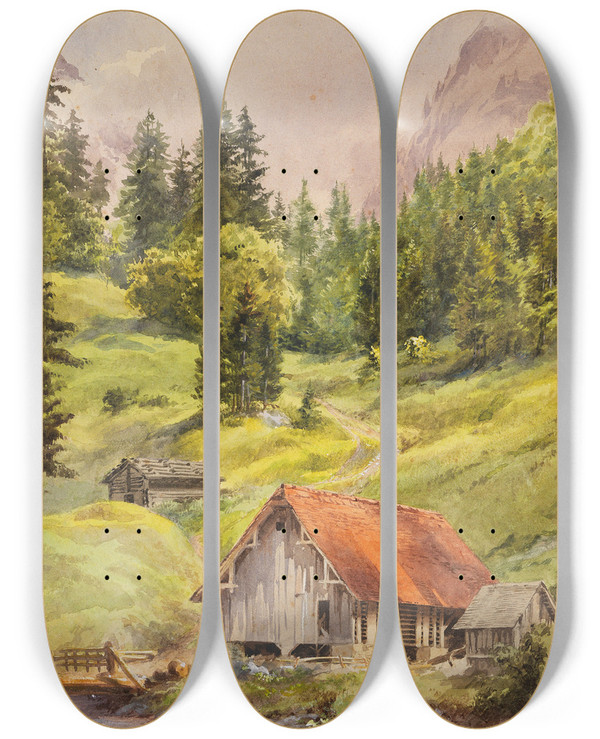 Triptych art skateboard deck of Edward Theodore Compton Engelberg Schweiz by Edward Theodore Compton (1849-1921)
