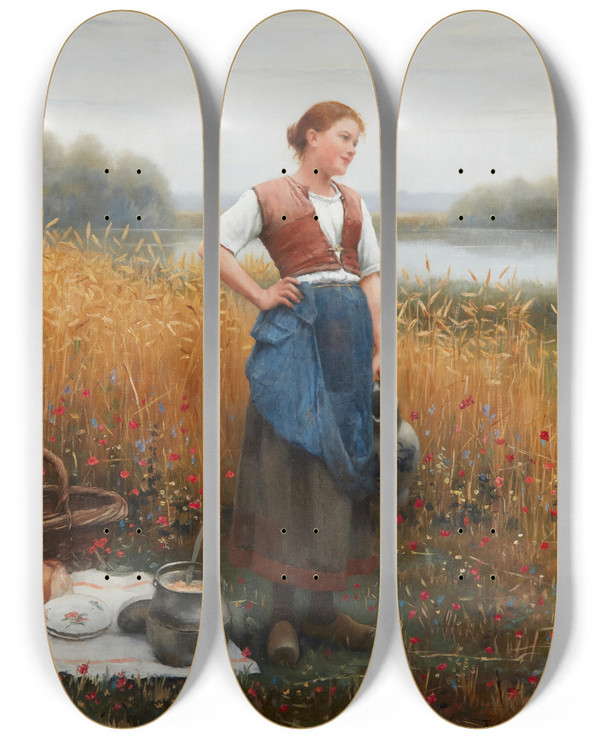 Triptych art skateboard deck of Daniel Ridgway Knight Middays Pause by Daniel Ridgway Knight (1839-1924)