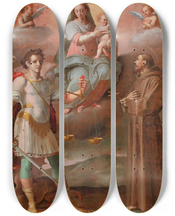 Triptych art skateboard deck of Workshop Of Santi Di Tito Madonna And Child Between The Archangel Michael And Saint Francis by Workshop of Santi di Tito (1536-1603)