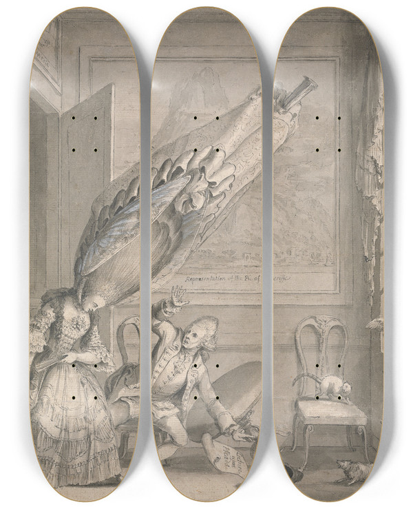 Triptych art skateboard deck of Samuel Hieronymus Grimm The French Lady In London by Samuel Hieronymus Grimm (1733-1794)