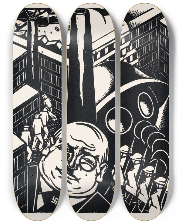 Triptych art skateboard deck of Meijer Bleekrode Oorlogsindustrie by Meijer Bleekrode (1896-1943)